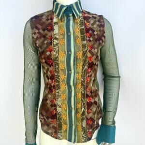 Save the Queen Patchwork Mesh Shirt M/L Made in Italy Y2K Sheer Embroidered Top